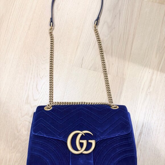 Gucci Velvet Matelasse Medium GG Marmont Shoulder Bag (Cobalt Blue) - Picture 3 of 8